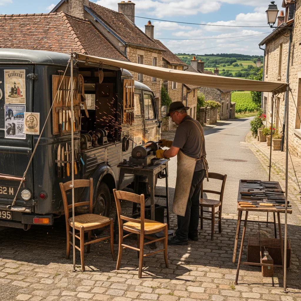 Rémouleur itinérant avec atelier mobile dans un village de Charente