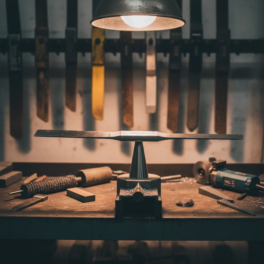 Lame de tondeuse à gazon affûtée et équilibrée en atelier